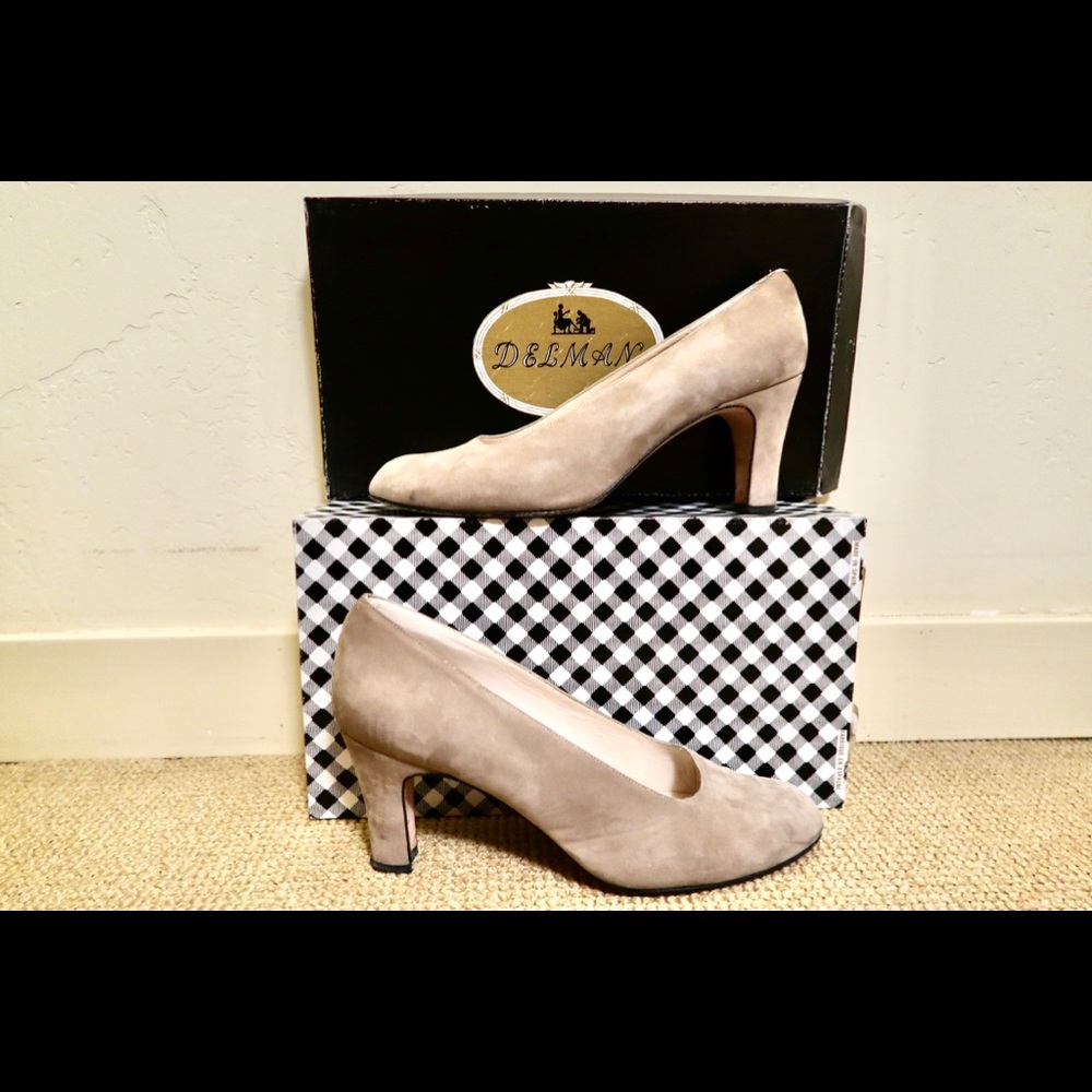 Delman tan sued shoes with cream interior